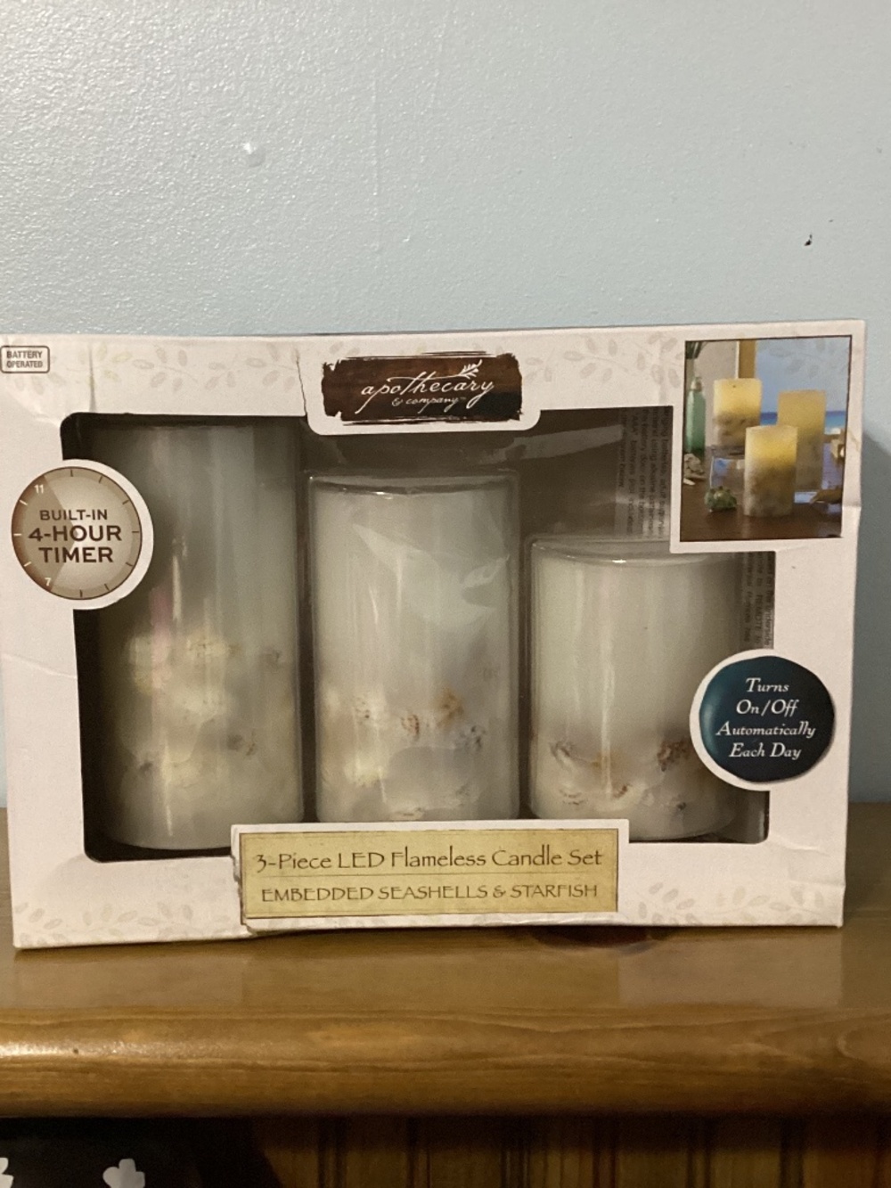Apothecary Flameless LED candle  3-Piece Set Embedded Seashells & Starfish
